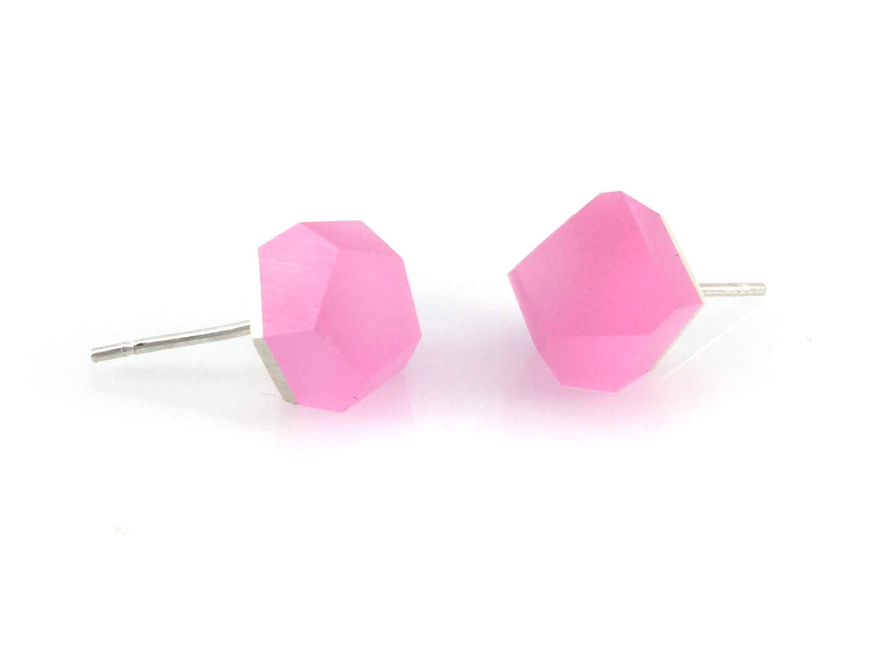 Fuschia Pink Square Stud Earring- Pink Topaz Bezel Earring- Pink Quartz  Earring- Sterling Silver Cushion Hot Pink Earring